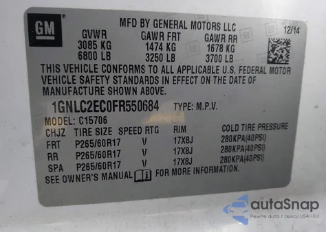 2015 Chevrolet Tahoe Commercial Fleet z USA, uszkodzony, nr VIN 1GNLC2EC0FR550684